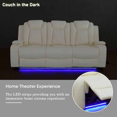 Caberryne Leather Recliner Sofa Set with LED Lights,Power Reclining Sofa and Loveseat Set with USB Port/Cup Holder for Living Room/House/Home Theater(2 Piece Set,Creamy) Caberryne