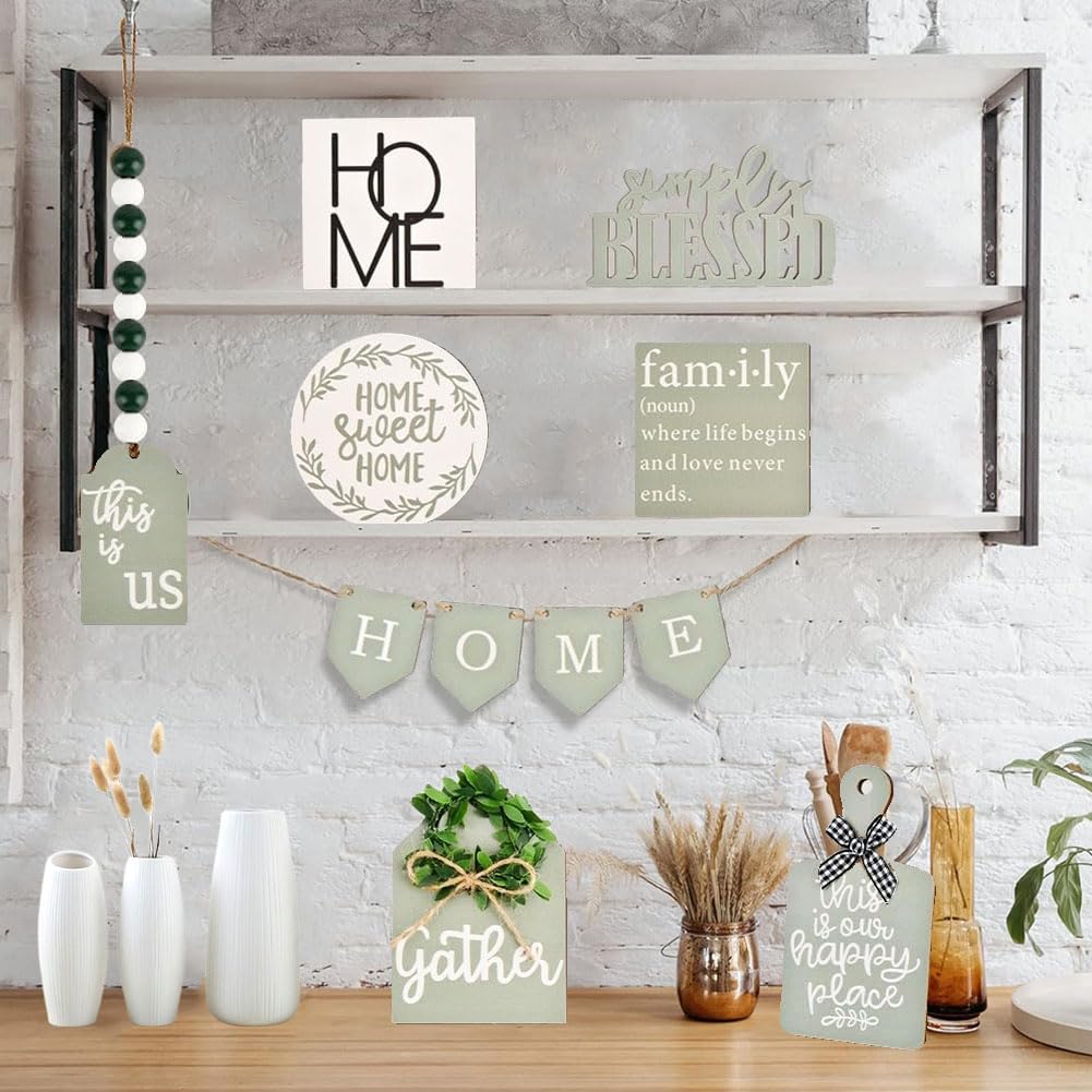NJXJKGY 11PCS Farmhouse Tiered Tray Decor Set – Rustic Wooden Mini Signs and Decorations for Home and Kitchen Display (Tiered Tray Not Included) NJXJKGY