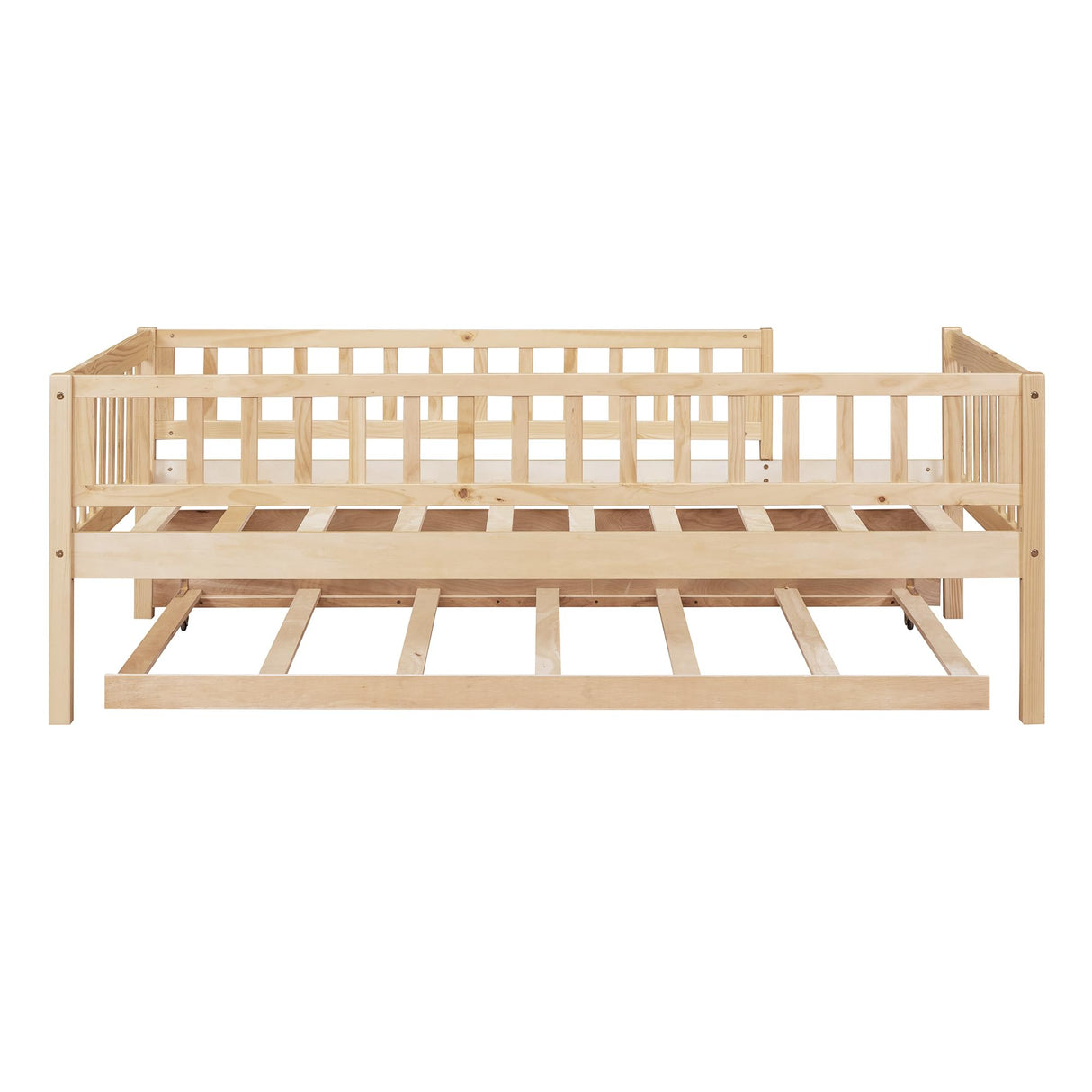 Harper & Bright Designs Twin Daybed with Trundle, Wood Twin Trundle Bed Frame with Fence Rails,Montessori Twin Bed for Kids Girls Boys Bedroom,Guest Room,Living Room,No Box Spring Needed,Natural Harper & Bright Designs