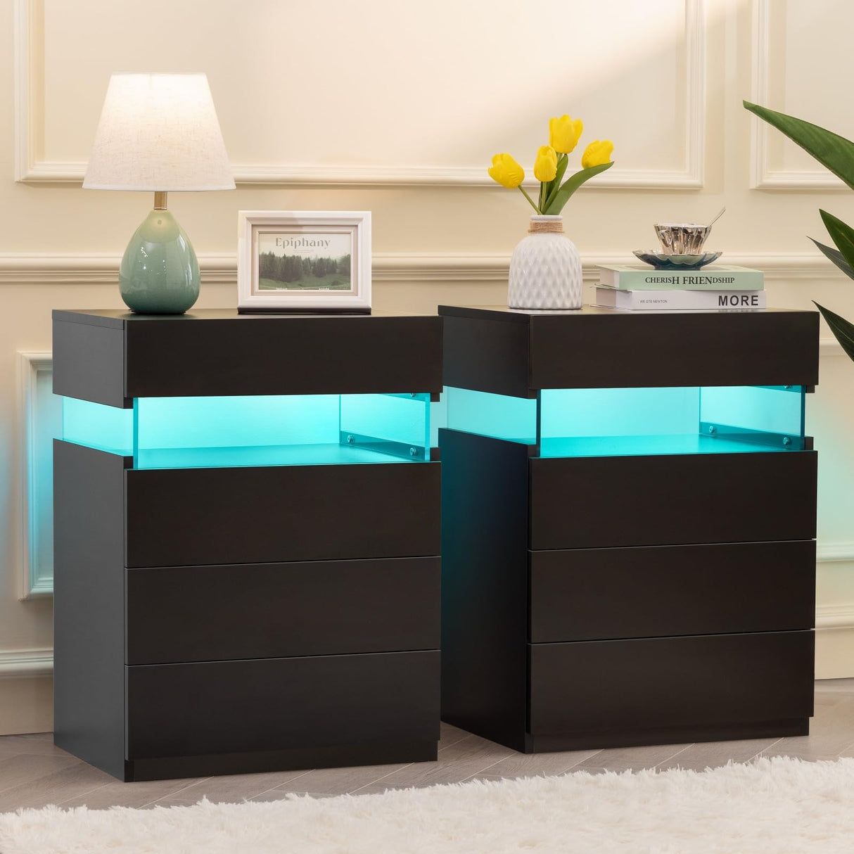Bingoday LED Nightstands Set of 2 Night Stands for Bedrooms Set of 2 Modern Black Nightstands with 4 Drawers Wide LED Nightstand Bedside Table Bingoday