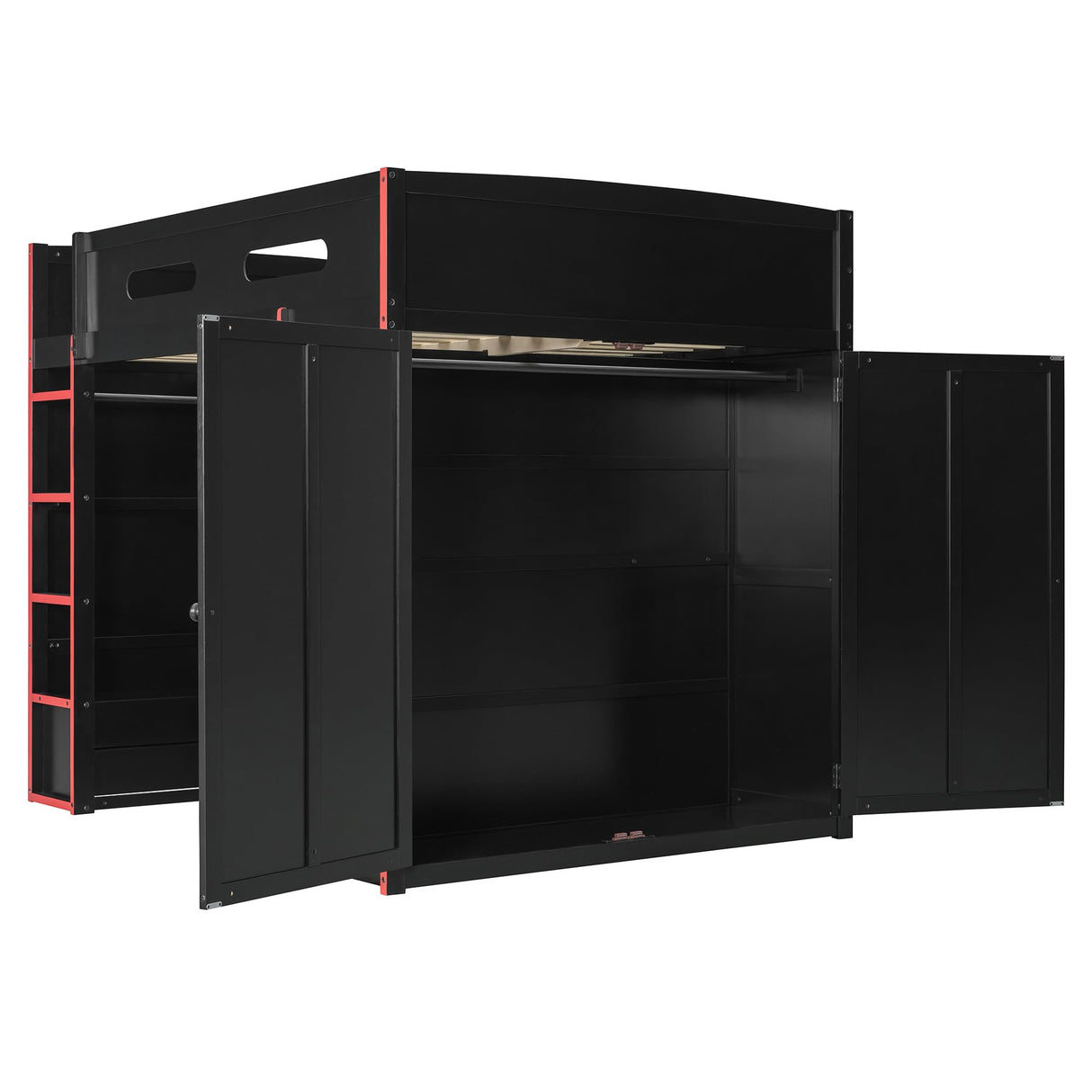 CKLMMC Full Size Gamer Loft Bed with Built-in Desk, RGB Lighting, USB Port & Storage, Gaming Bed with Wardrobe, Drawers for Kids, Teens, Adults (Red/G) CKLMMC