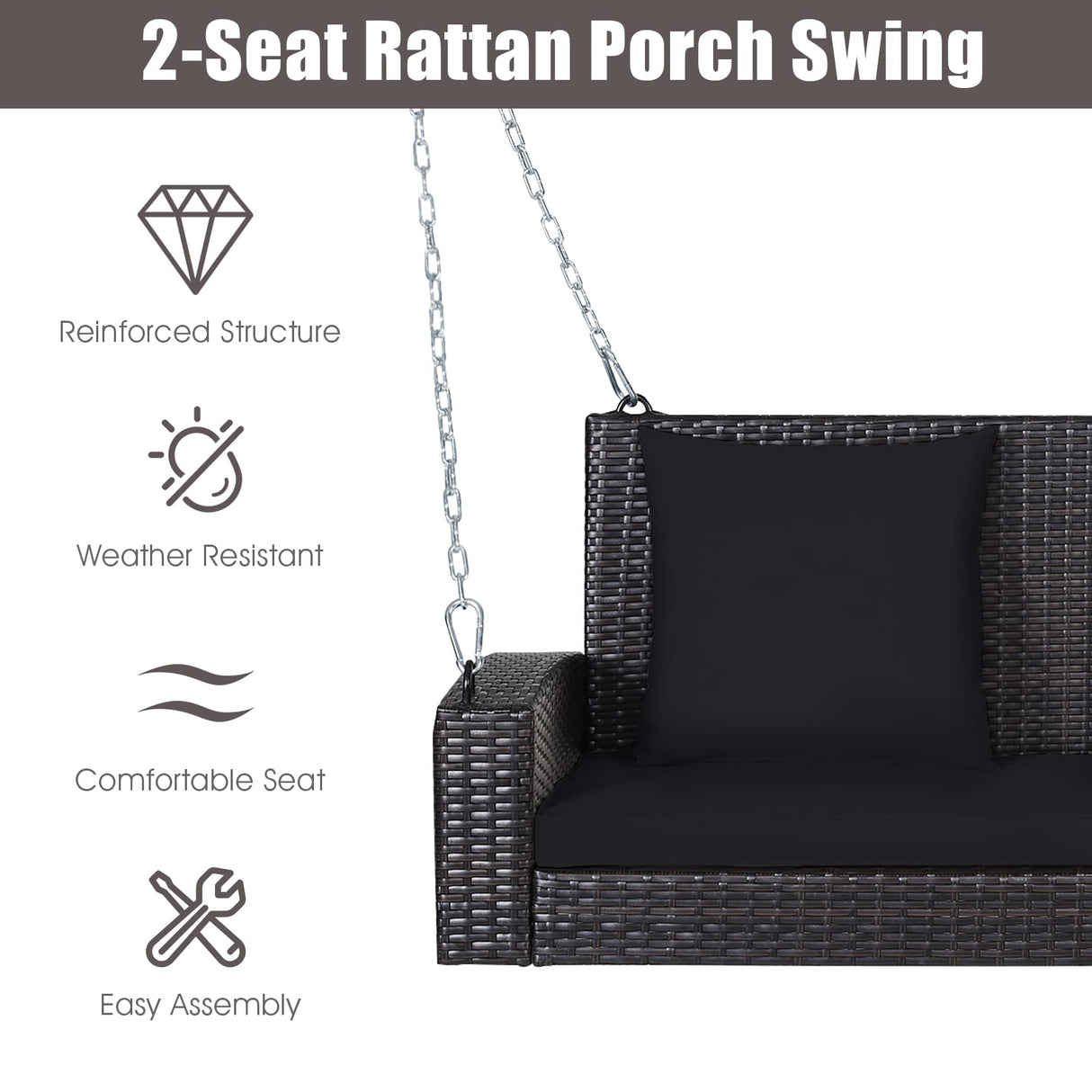Tangkula 2-Person Wicker Hanging Porch Swing, Patiojoy Outdoor Rattan Swing Bench W/ 2 Back Cushions & 1 Seat Cushion, Sturdy Steel Chain, 800lbs Weight Capacity, Suitable for Deck, Backyard, Garden Tangkula