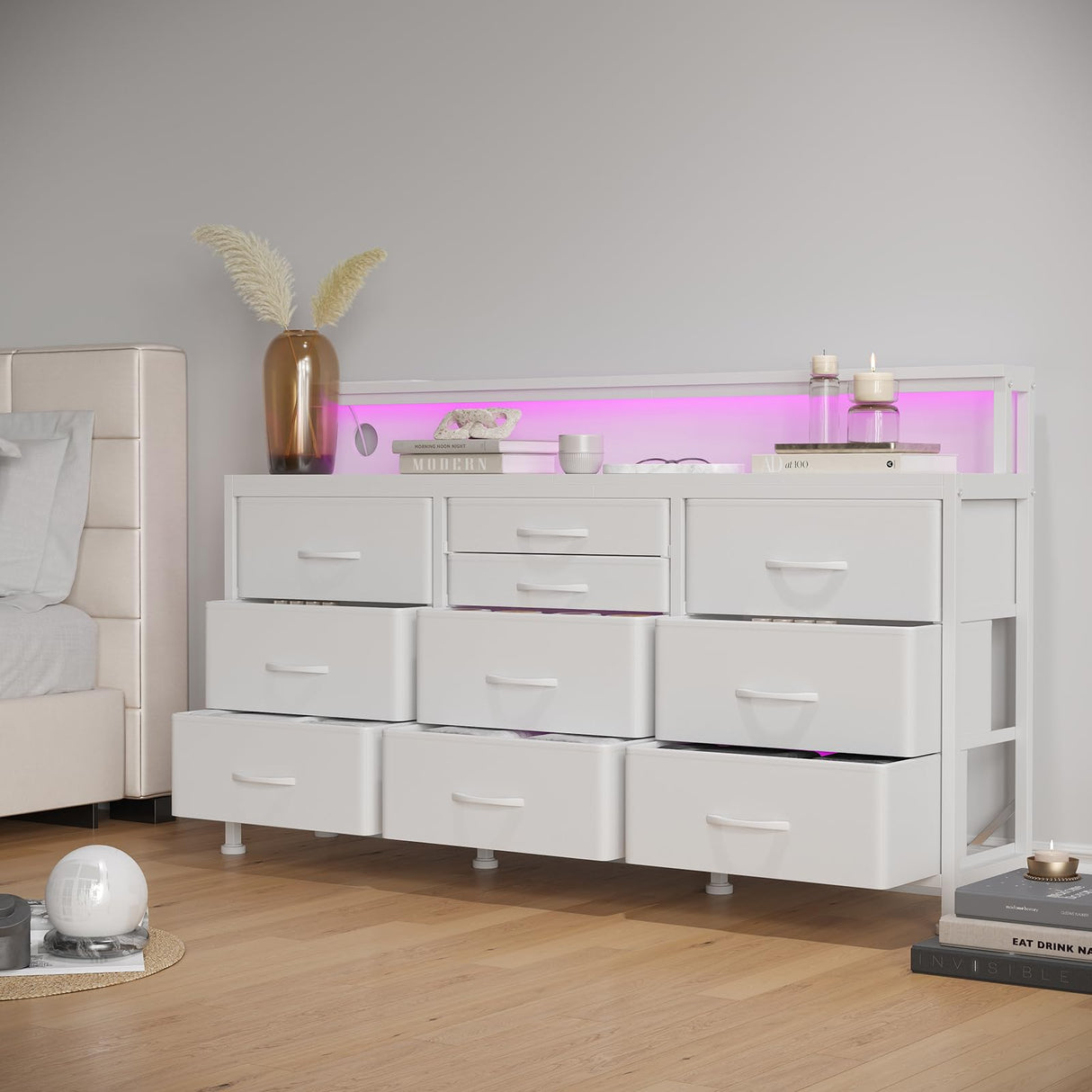 WODRAWER White Dresser for Bedroom with 10 Drawers, 55" W Long Dressers & Chests of Drawers with LED Lights & Power Outlets & Shelves, Fabric Dresser for Closet, Entryway WODRAWER