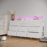 WODRAWER White Dresser for Bedroom with 10 Drawers, 55" W Long Dressers & Chests of Drawers with LED Lights & Power Outlets & Shelves, Fabric Dresser for Closet, Entryway WODRAWER