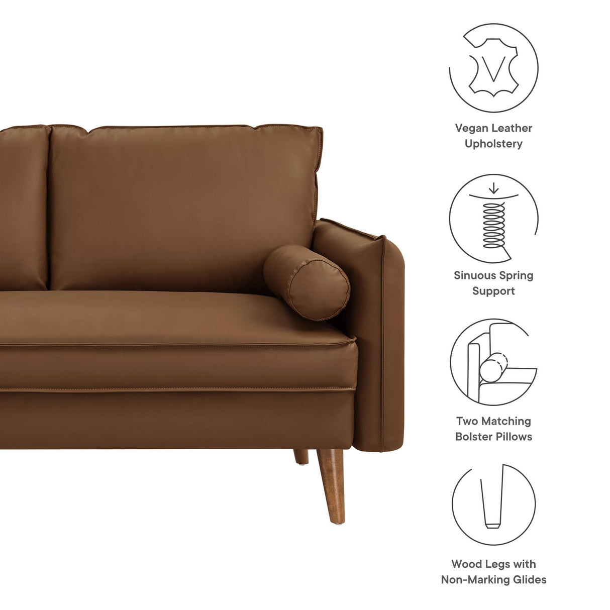 Modway Revive 59 Inch Faux Leather Loveseat in Brown – Mid Century Modern Upholstered Loveseat with Gold Legs - Small Space Sofa for Living Room, Office, or Apartment Modway