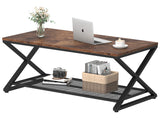 LVB Rustic Coffee Table, Industrial Metal Wood 2 Tier Cocktail Tea Table with Storage for Living Room, Farmhouse Wooden Rectangle Center Table with Mesh Shelf for Office Bedroom, 39 inch, Rustic Brown LVB
