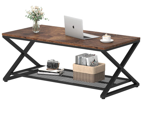 LVB Rustic Coffee Table, Industrial Metal Wood 2 Tier Cocktail Tea Table with Storage for Living Room, Farmhouse Wooden Rectangle Center Table with Mesh Shelf for Office Bedroom, 39 inch, Rustic Brown LVB
