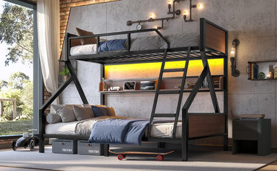 Tassullo Bunk Bed Twin XL Over Queen, Heavy Duty Metal Frame Loft Bed with Storage Shelf & LED Lights, Safety Guardrail and Angle Padded Ladder for Kids, Adults, Space Saving, Noise Free