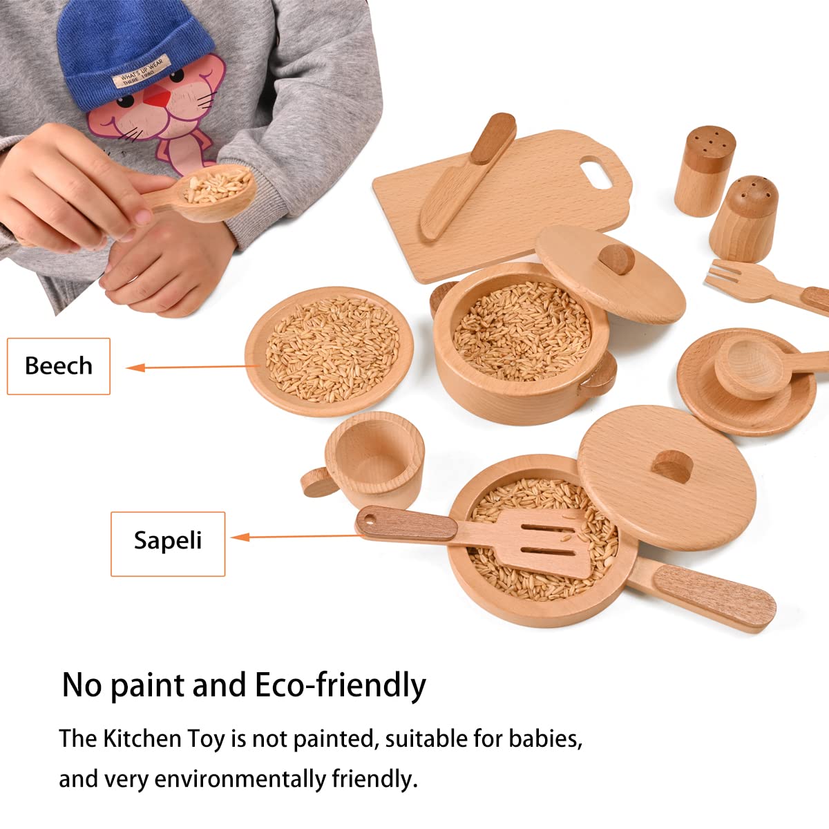 MONT PLEASANT Play Kitchen Accessories Montessori Wooden Toys Kids Kitchen Toy Set Cookware Plates Dishes Pots Pans Cooking Playset 15 Pieces Sensory Toys for Toddlers Girls Boys with Storage - WoodArtSupply