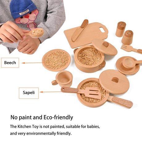MONT PLEASANT Play Kitchen Accessories Montessori Wooden Toys Kids Kitchen Toy Set Cookware Plates Dishes Pots Pans Cooking Playset 15 Pieces Sensory Toys for Toddlers Girls Boys with Storage Bag MONT PLEASANT
