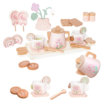 Smartwo Wooden Tea Set for Little Girls, 26 PCS Play Kitchen Accessories for Toddlers Princess Tea Party with Play Food, Pretend Play Tea Set Toy for Kids 1 2 3, Improve Imagination and Social Skills
