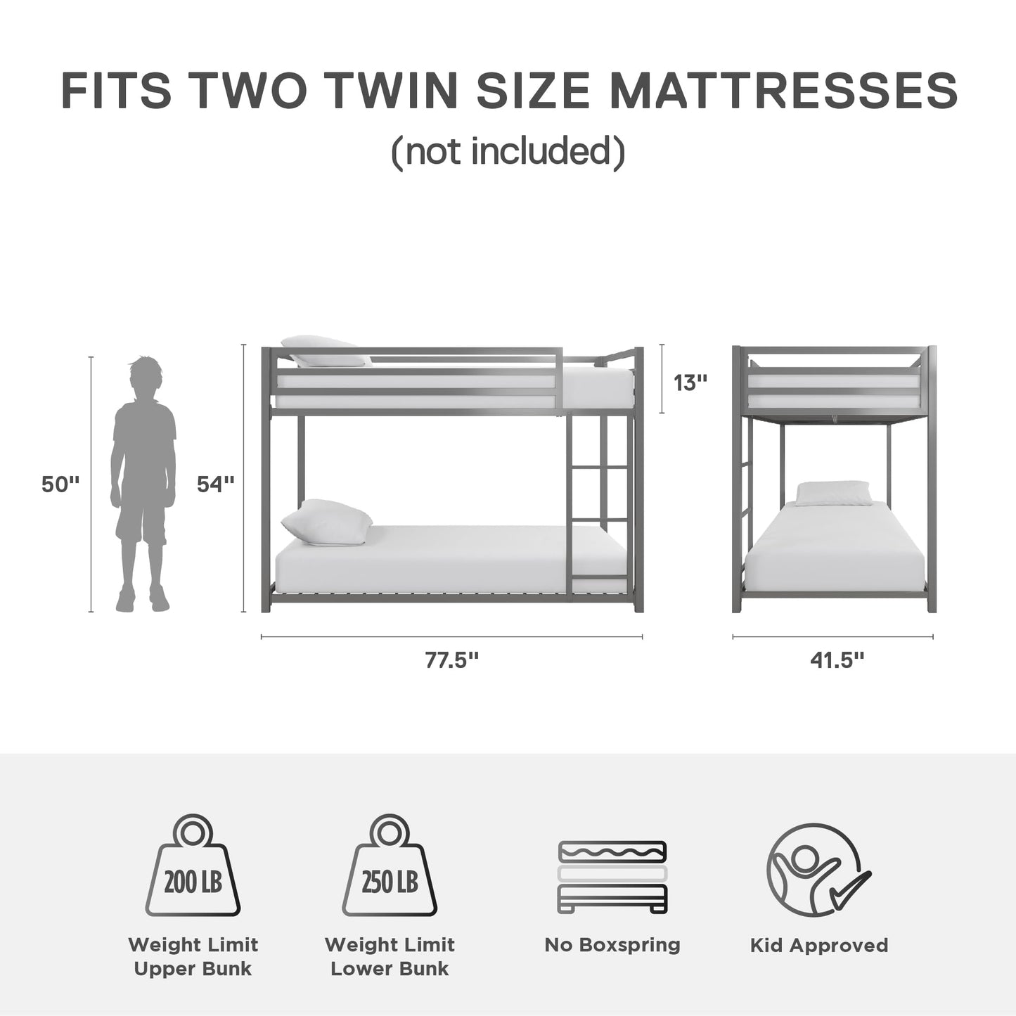 DHP Miles Silver Low Metal Bunk Bed Frame for Kids - Twin Over Twin with Built-in Ladder and High Guardrails - WoodArtSupply