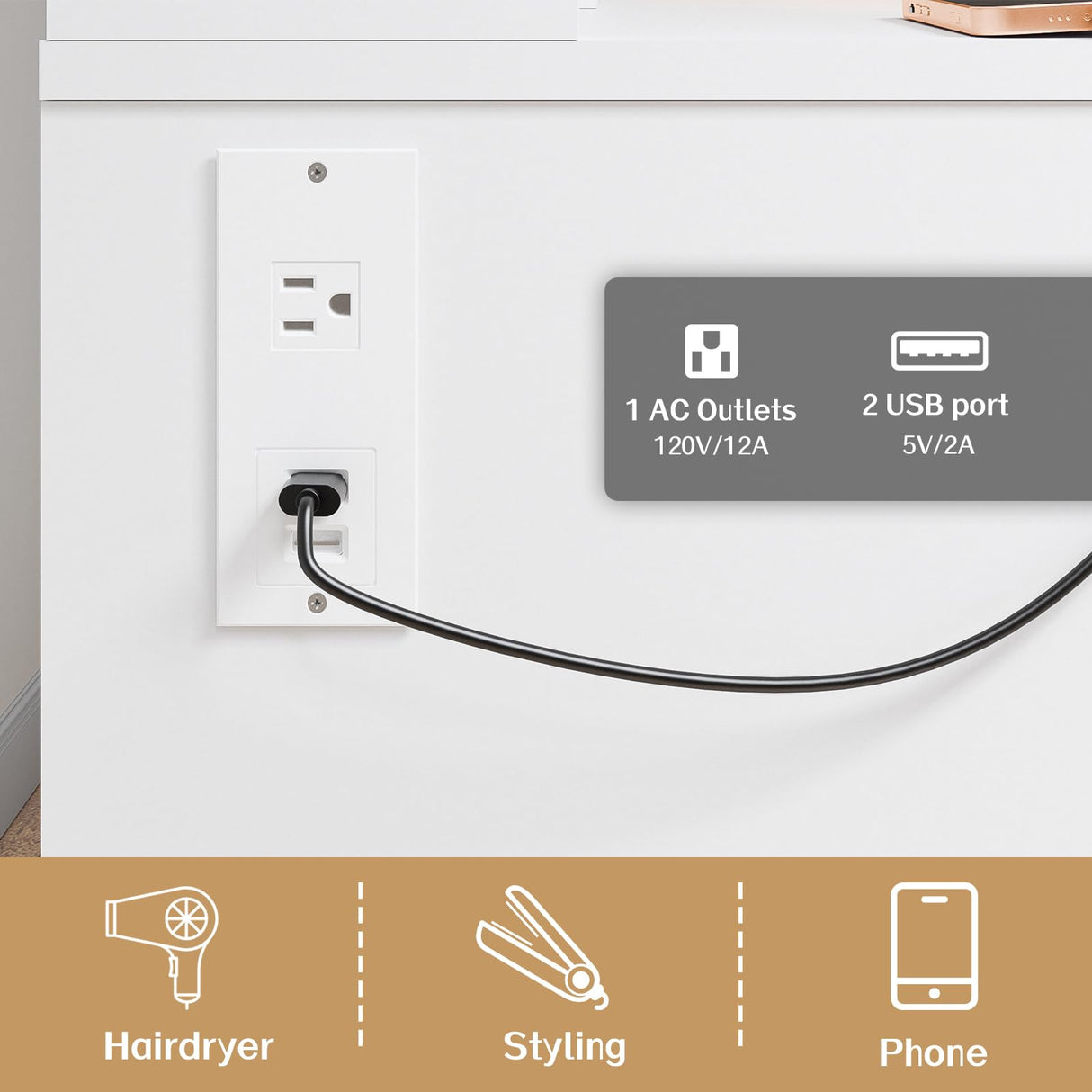 Haewon Makeup Vanity Desk with Mirror and Lights, White Vanity Table with Power Outlet and 3 Lighting Modes, Dressing Table Set with Cabinet Drawers Shelves and Storage Stool for Bedroom Haewon