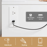 Haewon Makeup Vanity Desk with Mirror and Lights, White Vanity Table with Power Outlet and 3 Lighting Modes, Dressing Table Set with Cabinet Drawers Shelves and Storage Stool for Bedroom Haewon