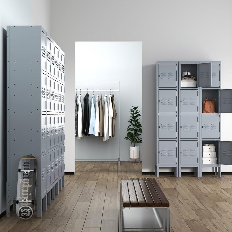 BIZOEIRON 4 Doors Locker for Employees, Metal Locker Storage Cabinet for Home Office School Gym, Lockable, Require Assembly (Grey) BIZOEIRON