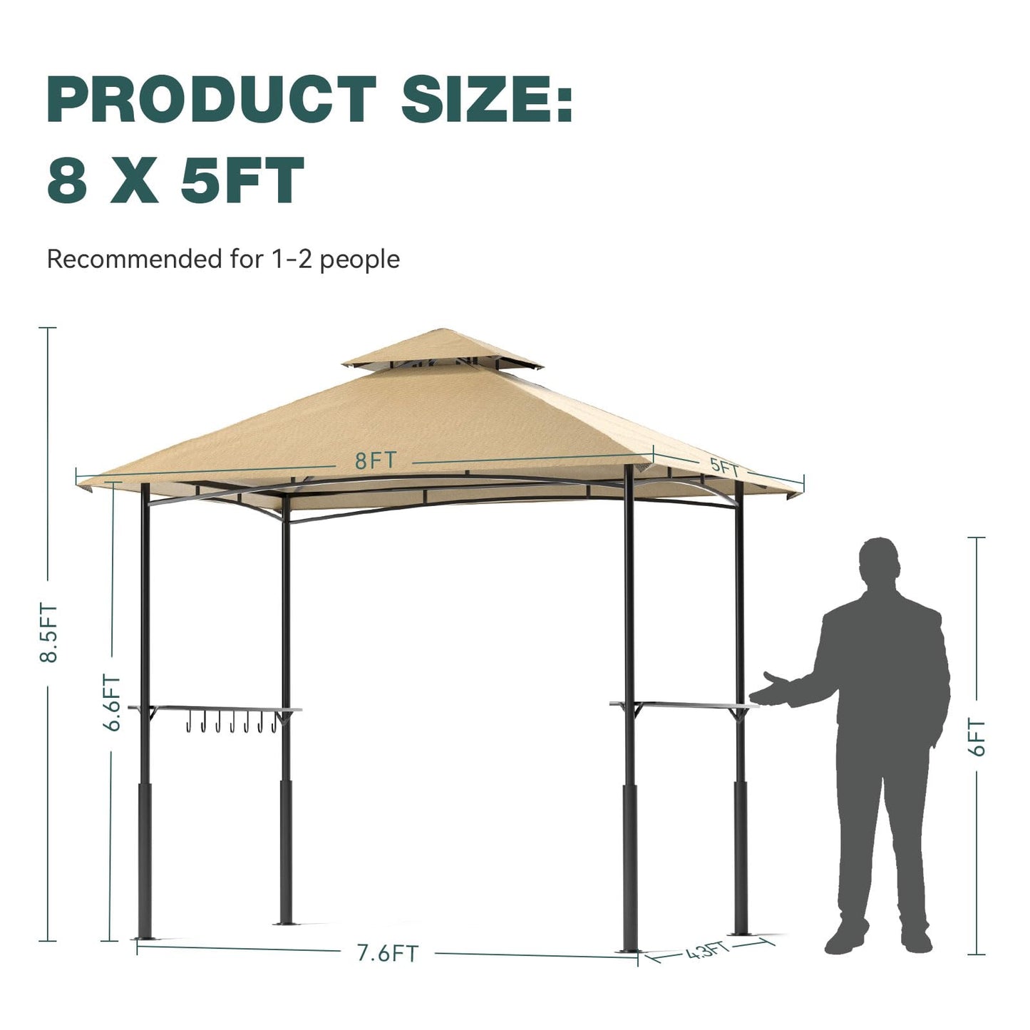 8x5 Grill Gazebo, Double Roof BBQ Gazebo with 2 Handy Shelves, Sturdy Steel Frame, 7 Hook Tools, Sun & Waterproof, Perfect for BBQ, Party, Garden (Khaki)