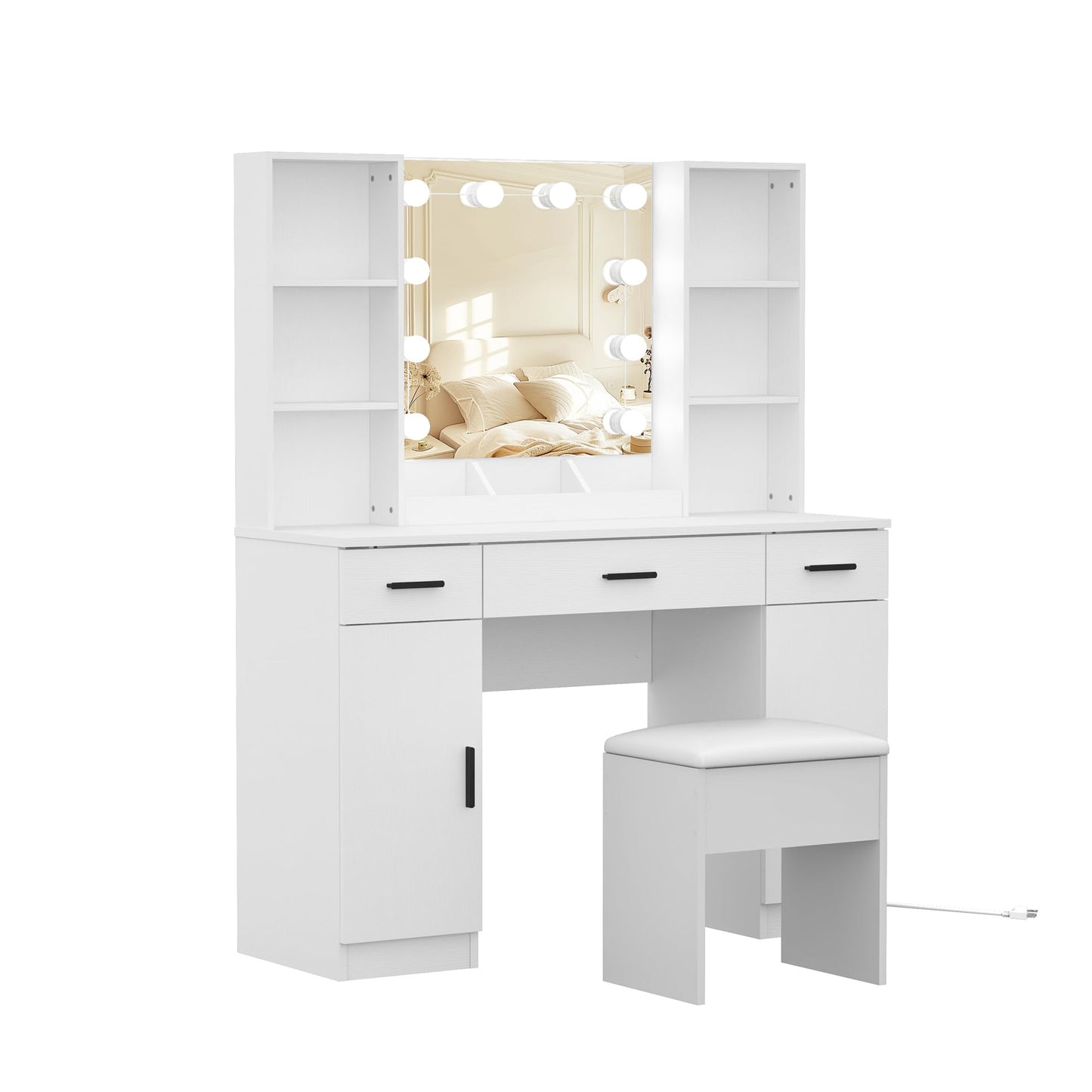 Vanity Desk, Makeup Table with Lights Vanity Set with 3 Drawers, 1 Cabinet & 6 Shelves 3 Lighting Modes Brightness Adjustable Dressing Table with Cushioned Stool for Bedroom, Dressing Room (White)