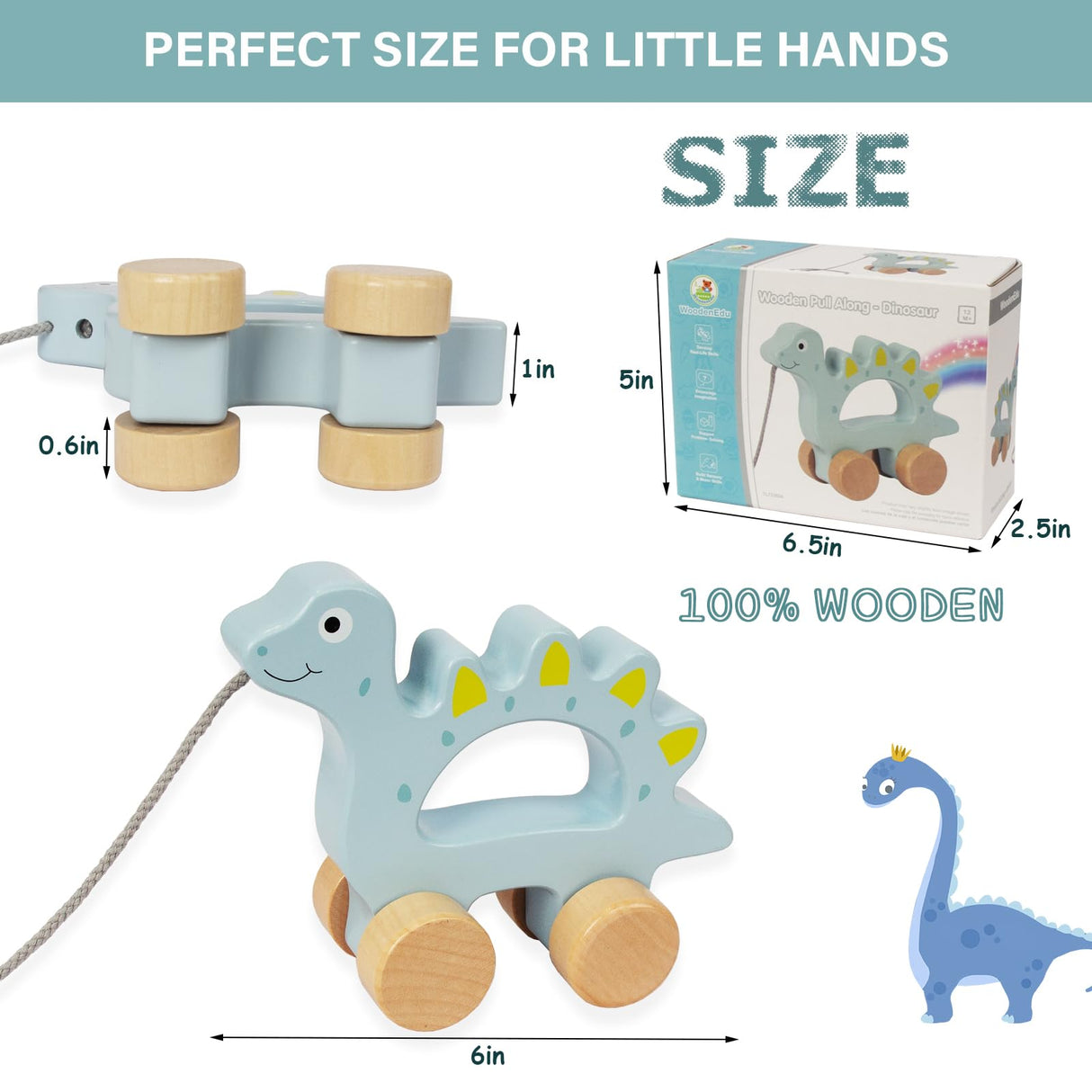 WoodenEdu Baby Toys Car,Wooden Pull Along Toddler Toy, Developmental Toy for 1 Year Old Girl Boy Birthday Gift (Dinosaur) WoodenEdu