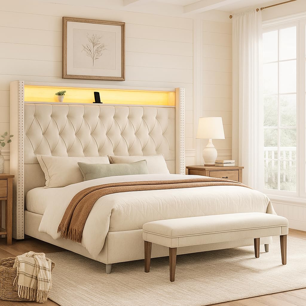 Jocisland King Size Bed Frame 53.6'' Tall Storage Headboard with LED Lights & Charging Station, Velvet Upholstered Button Tufted Wingback Platform Beds, No Box Spring Needed, USB Ports, Cream Jocisland