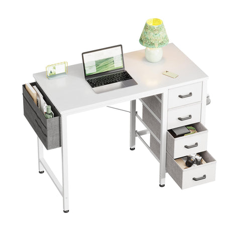 Casaottima 32 inch Small Computer Desk with 4 Fabric Drawers, Side Hook and Cloth Bag, Kids Study Table for Bedroom and Small Space, Pure White Casaottima