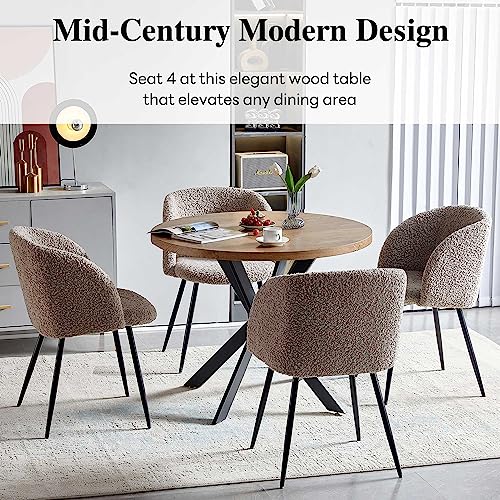 NORDICANA 5 Pieces 37-Inch Round Dining Table and Upholstered Chairs for Four Person, MDF Table-top, Light Brown Fuzzy Sherpa Armchairs with Black Metal Leg for Kitchen, Reception Room NORDICANA