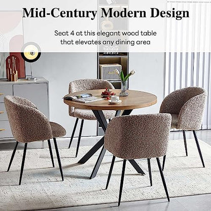 NORDICANA 5 Pieces 37-Inch Round Dining Table and Upholstered Chairs for Four Person, MDF Table-top, Light Brown Fuzzy Sherpa Armchairs with Black Metal Leg for Kitchen, Reception Room - WoodArtSupply