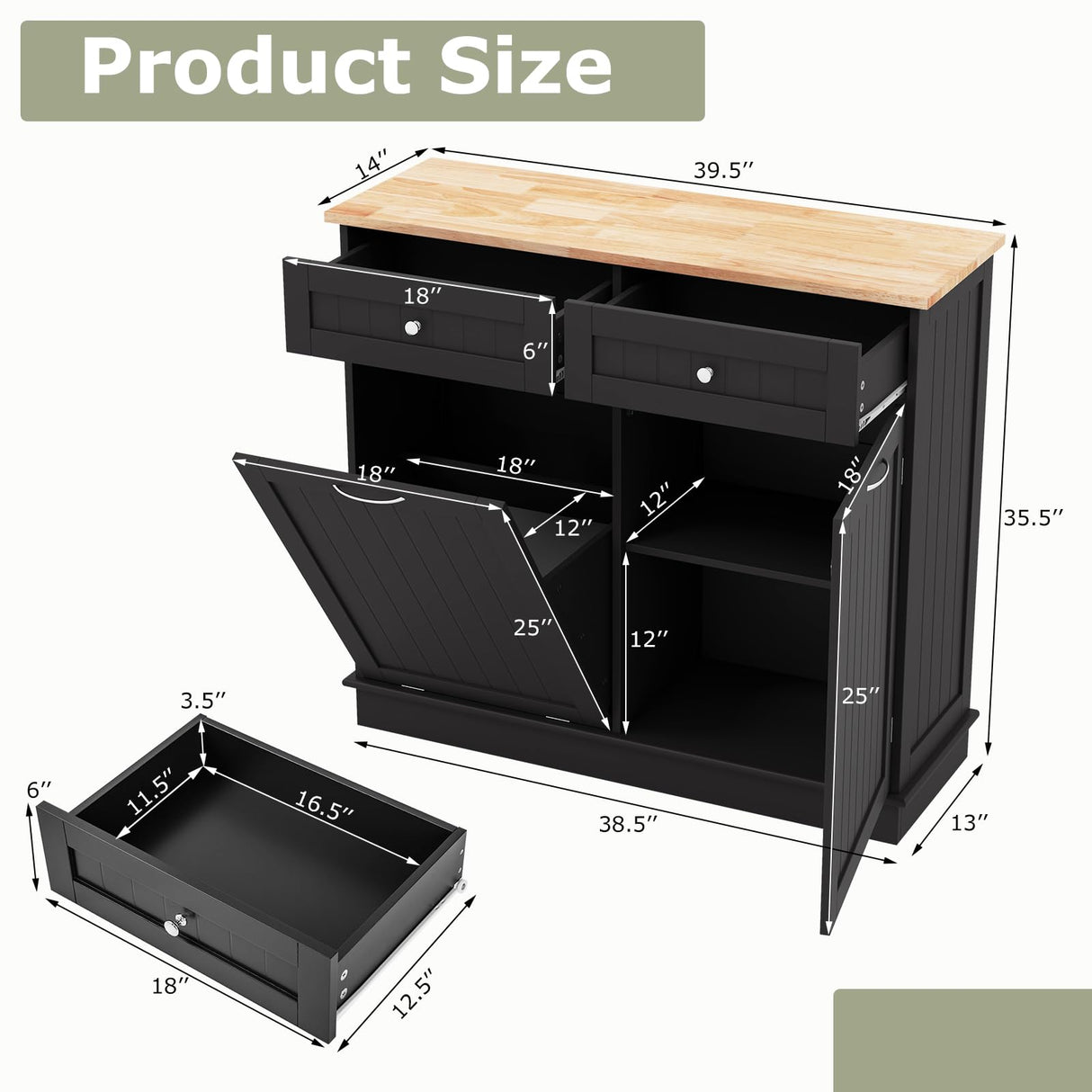 MAT EXPERT Tilt Out Laundry Hamper, 15.5-Gallon Free Standing Wooden Trash Can w/Storage Drawer & Adjustable Shelf, Kitchen Waste Bins Cabinet for Laundry Room,Pet Proof Tilt Out Trash Cabinet, Black MAT EXPERT