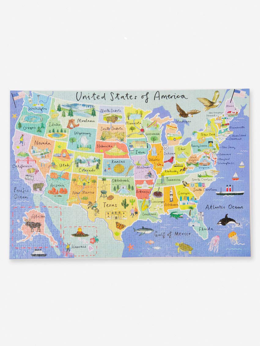1000-piece USA Map Jigsaw Puzzle & Poster 50 States | Illustrated American Landmarks | Rainy Day, Fun at Home Activities, Travel Gifts, Birthday Present, Wall Art Talking Tables