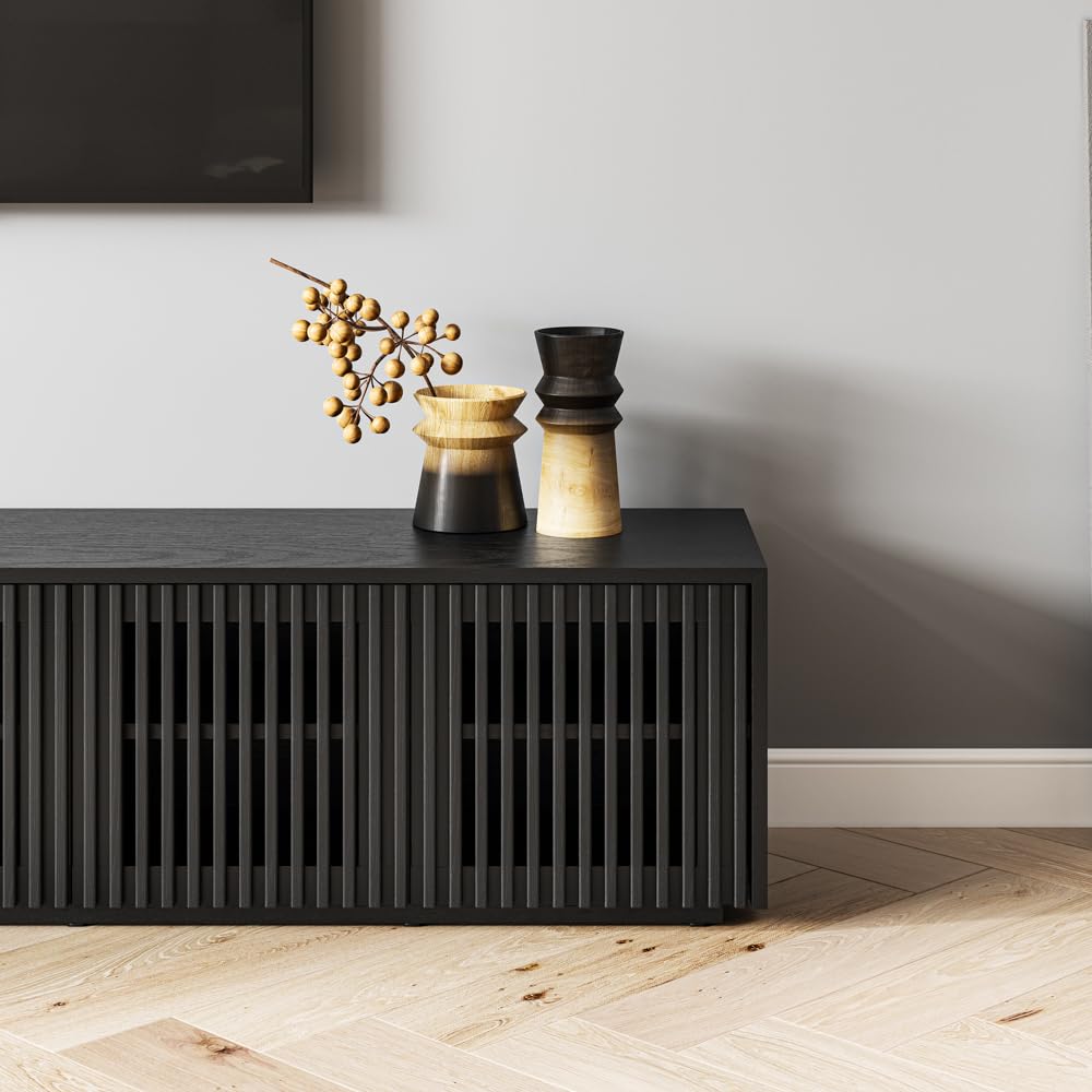 POVISON Modern Solid Wood TV Stand, Black Entertainment Center for 75+ inch TV, 95'' Media Console with Storage for Living Room Bedroom, Farmhouse Low TV Cabinet, Partial Assembly Required POVISON