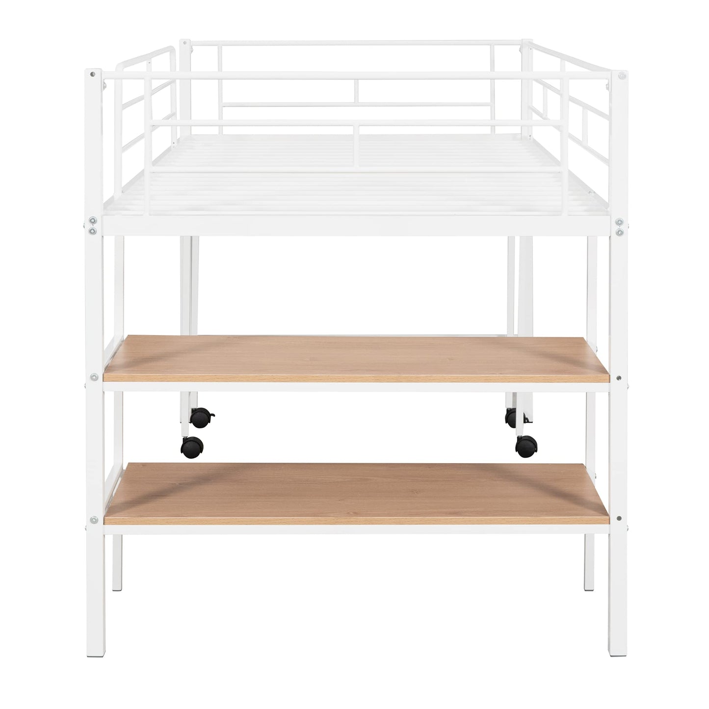 Harper & Bright Designs Low Loft Bed with Desk, Twin Size Metal Loft Bed Frame with Storage Shelves for Kids (Twin Size, White)