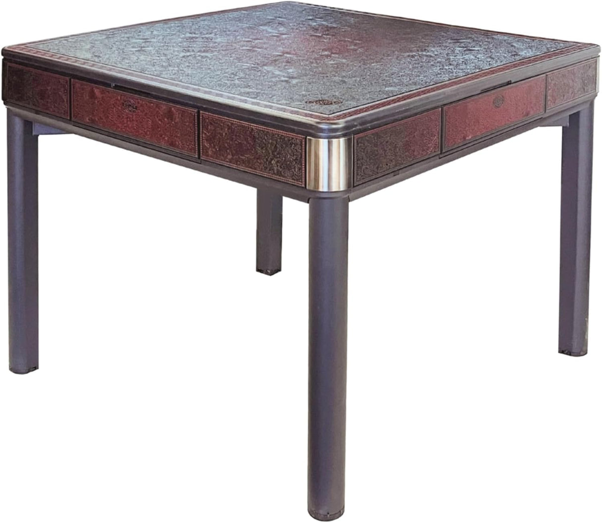 USA MJ Vintage-Style Automatic Mahjong Table with Carved Wooden Table Top Design, Burgundy Numbered Tiles, Roller Coaster Chinese/Filipino/American Style, 40mm Tiles USA MJ TABLE .COM