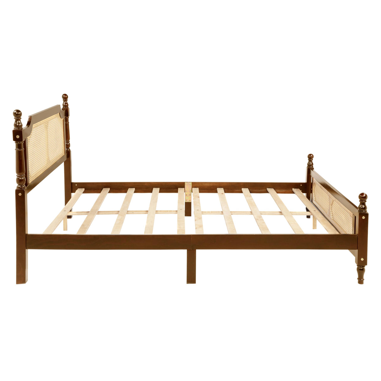 Ball & Cast Queen Traditional Pine Wooden Platform Bed with Rattan Headboard and Footboard,Bed Frame w/Central Enhanced & Underbed Storage Space,Slat Support,for Apartment,Bedroom,Walnut Ball & Cast