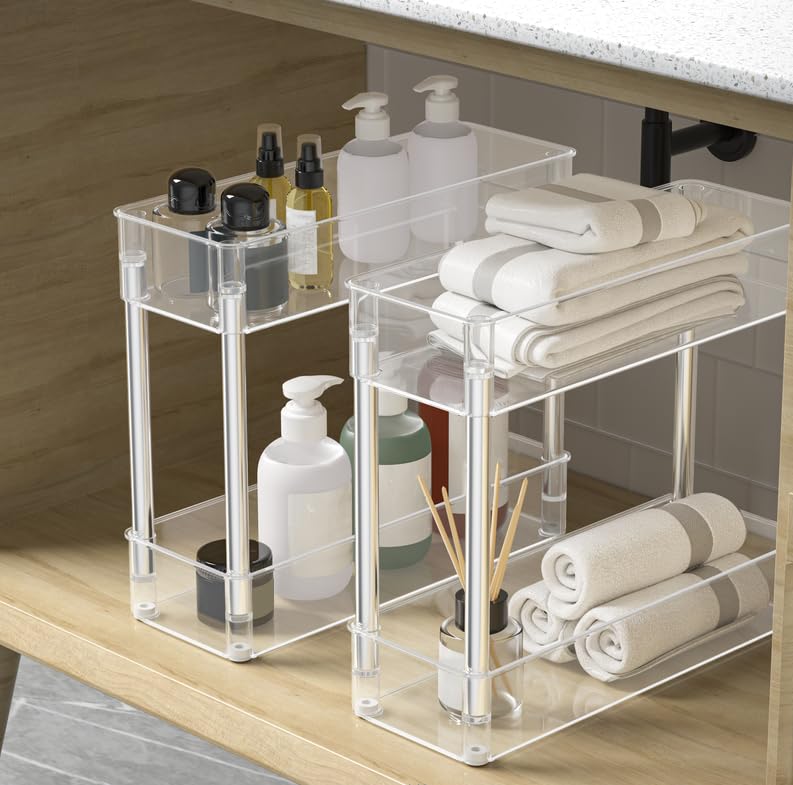 TESOIN Under Sink Organizers and Storage，4 Tier Clear Movable Slim Rolling Storage Cart Bathroom Organizer Under Cabinet Storage, Slide Out Narrow Shelf Organization for Kitchen Bathroom Warehouse TESOIN