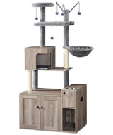 HOOBRO Cat Tree with Litter Box Enclosure, Cat Tower with Food Bowl and Storage, Hidden Cat Litter Enclosure Furniture, All-in-One Modern Cat Condo, with Cat House, Hammock and Perch, Greige BG80MZ03 HOOBRO