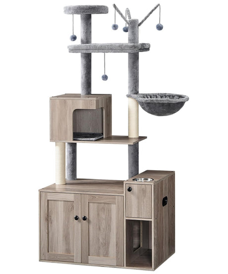 HOOBRO Cat Tree with Litter Box Enclosure, Cat Tower with Food Bowl and Storage, Hidden Cat Litter Enclosure Furniture, All-in-One Modern Cat Condo, with Cat House, Hammock and Perch, Greige BG80MZ03 HOOBRO