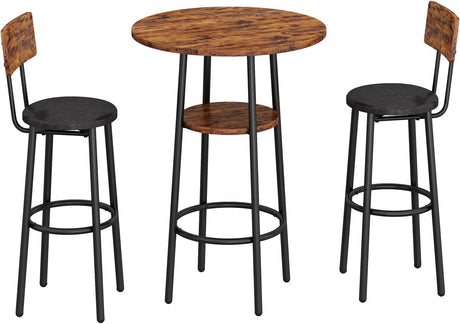 ILCQU 3-Piece Dining Table Set for 2, Small Round Kitchen Table with 2 Chairs, Counter Height Bar Table with Storage, Pub Table and PU Upholstery Stools for Small Space, Apartment, Bistro-Brown ILCQU