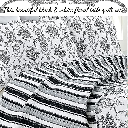 Cozy Line Home Fashions French Medallion Black White Grey Rose Flower Pattern Printed 100% Cotton Bedding Quilt Set Reversible Coverlet Bedspread (Black White, Queen - 3 Piece) Cozy Line Home Fashions