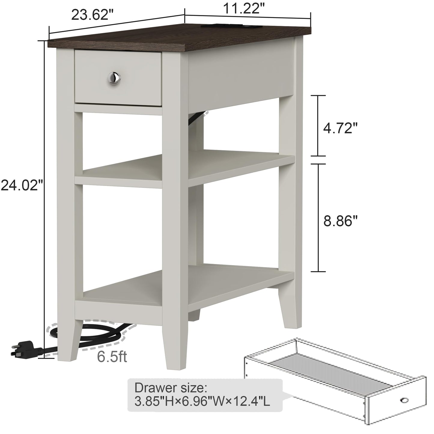 ChooChoo Farmhouse End Table with Charging Station, Narrow Side Table Living Room with USB Ports & Power Outlets and Hidden Drawer,White and Brown - WoodArtSupply