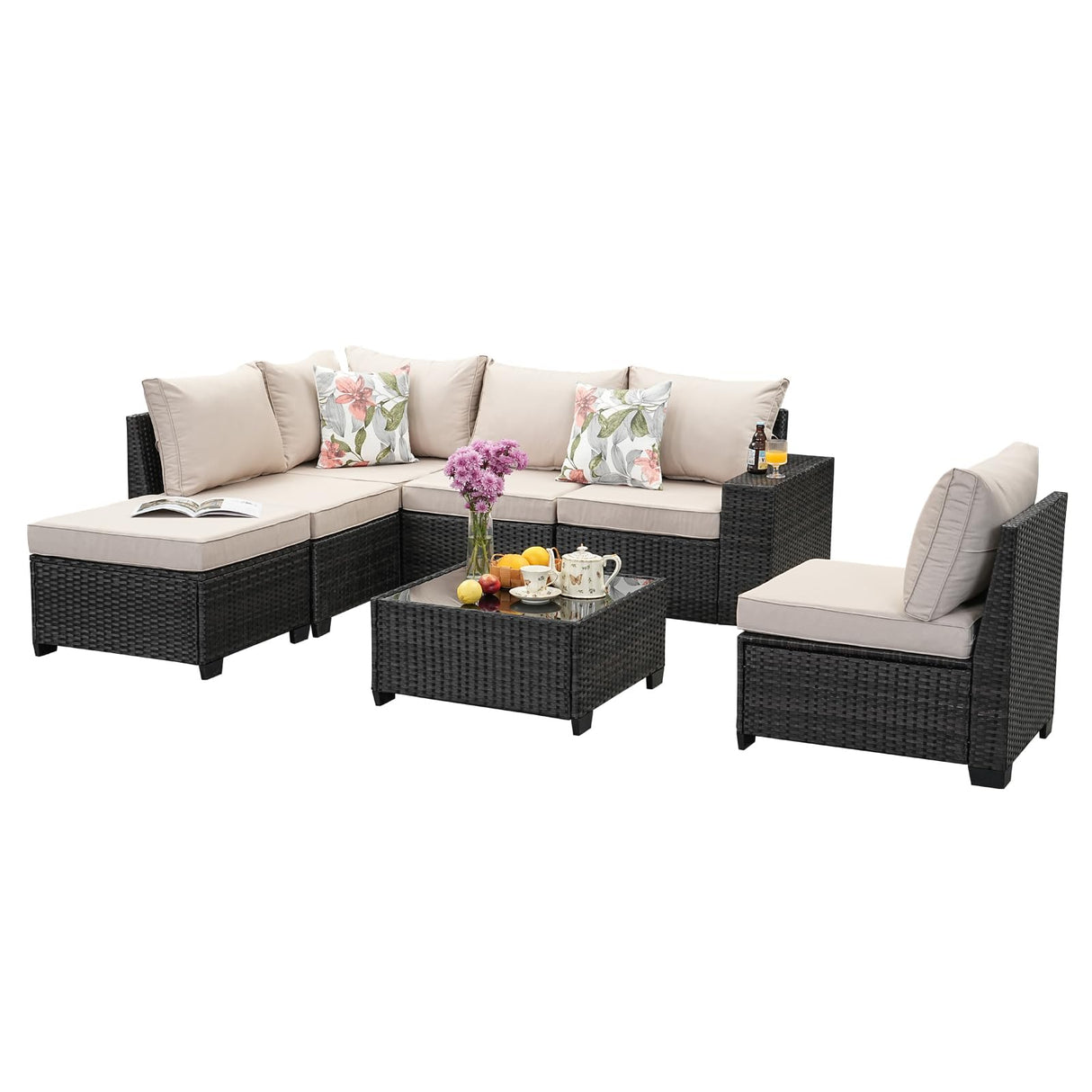 Jing's Villa 7-Piece Patio Furniture Set, All-Weather Outdoor Wicker Sectional Sofa with Cushions, Tempered Glass Table & Ottoman, Rattan Conversation Seating for Porch, Garden, Backyard,Beige Jing's Villa