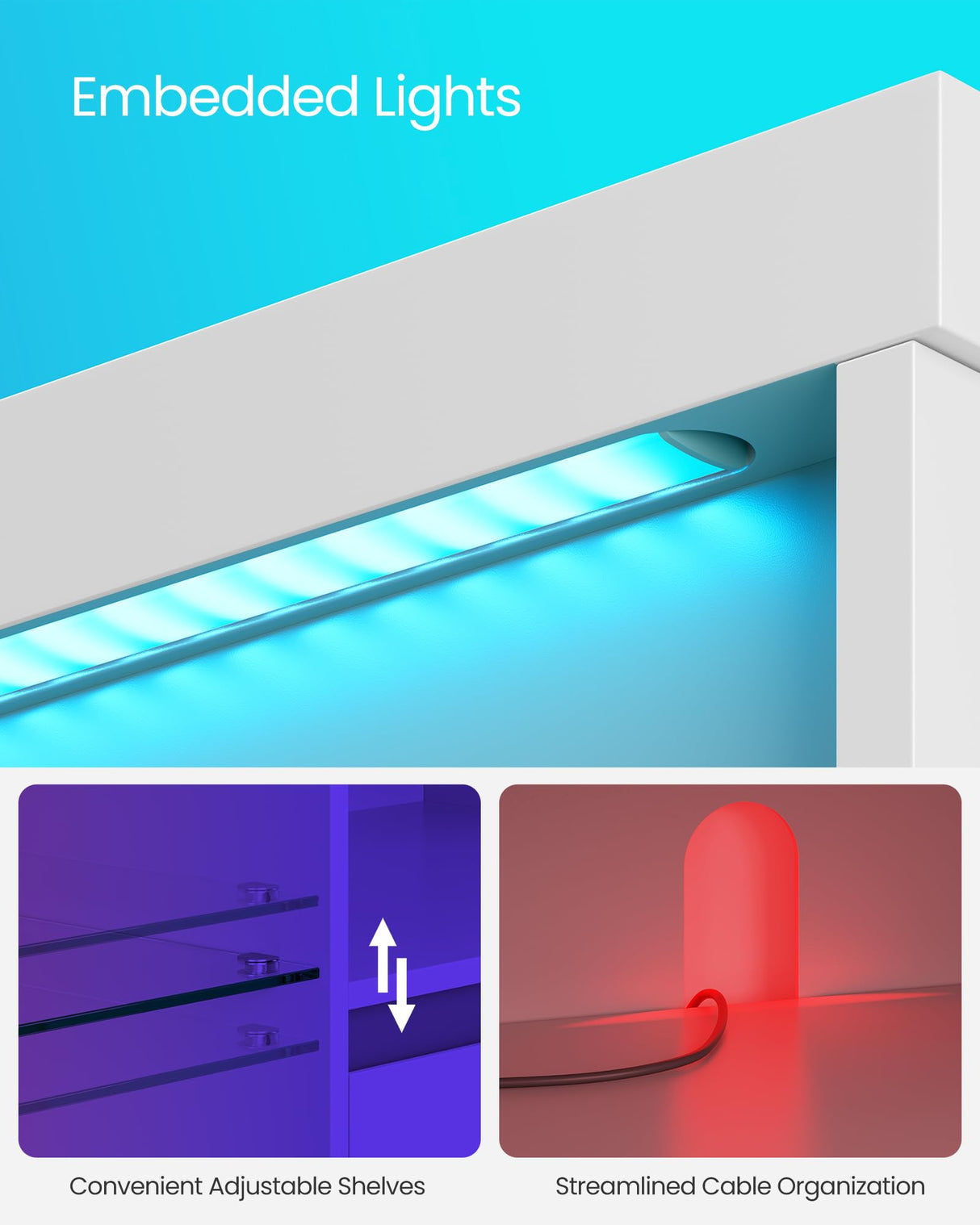 VASAGLE Stand with LED Lights 70 Inch, Entertainment Center with Open Glass Shelves, 2 Cabinets with Doors, 63 Long, TV Console for Bedroom Living Room, White ULTV330T10, 63 x 15.7 x 23.6 Inches VASAGLE