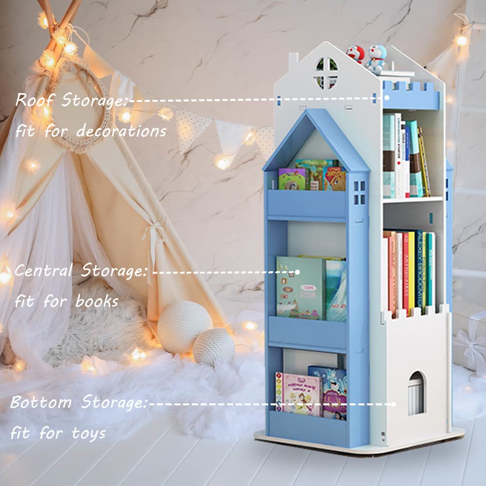 MYOYAY 360° Rotating Children's Bookshelf - 3 Tier Swivel Bookcase in Blue, Ideal for Kids' Bedroom Storage - WoodArtSupply