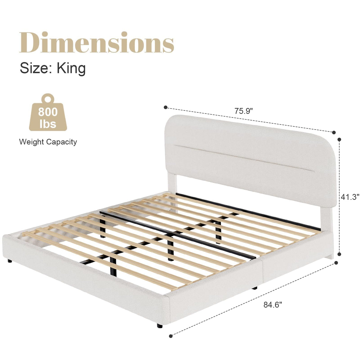 King Size Boucle Bed Frame, Upholstered Cloud Bed Frame with Headboard, Soft Platform Bed Frame with Thickened Footboard, Rounded Corners, No Box Spring Required, Easy Assembly, Cream HOMBCK