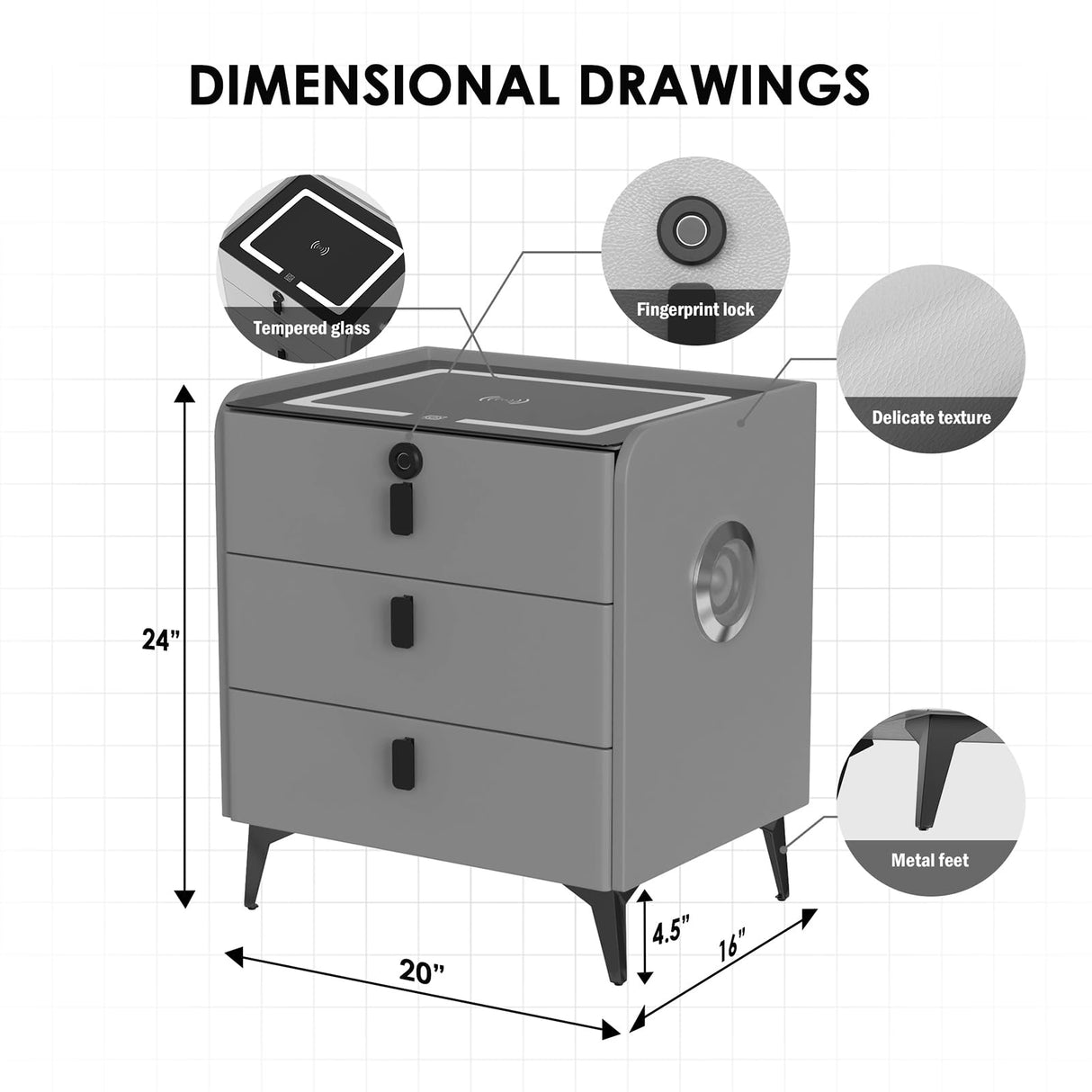 QHRAY Smart Nightstand with Fingerprint Lock Drawer, Nightstand with Wireless Charging, Night Stand with Charging Station,2 USB, LED Lights Bluetooth Speaker Side Table for Bedroom/Living Room QHRAY