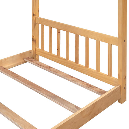 Montessori House Bed Frame in Natural Wood for Kids - Twin Size with Headboard & Footboard - WoodArtSupply