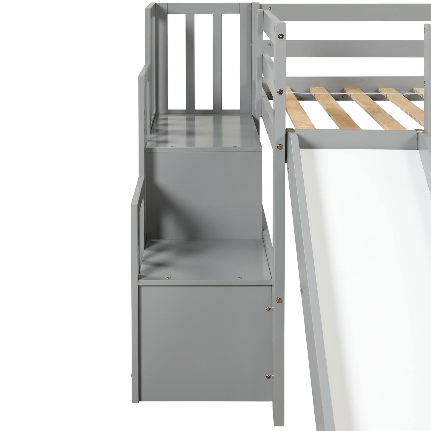 Olela Twin Loft Bed with Stairs and Slide - Grey Low Profile Solid Wood Design - WoodArtSupply