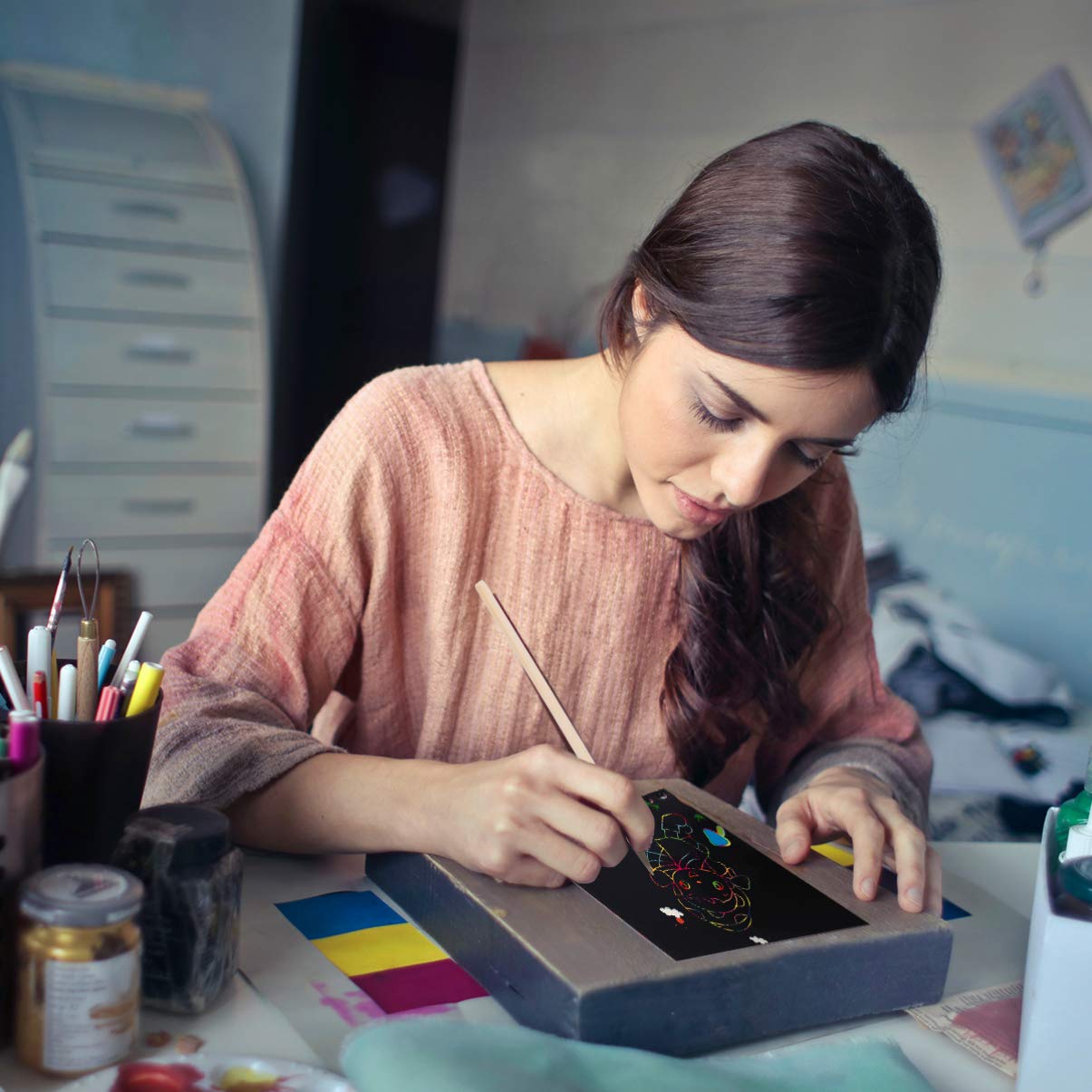 EXCEART Black Notebooks 6 Sets Rainbow Scratch Notebooks with Wood Stick Scratch Off Art Paper Set Color Book Pad Art Craft Supplies Kits for Kids Girls Boys Black Notebook EXCEART