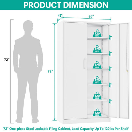 Metal Garage Storage Cabinet with 2 Doors and 4 Adjustable Shelves 72" Pantry Cabinet Utility Storage Cabinet Locking Steel Storage Cabinet Utility SISESOL