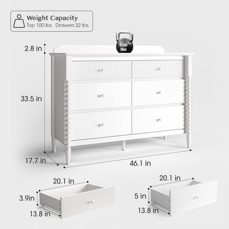 JOINICE 6 Drawer Dresser, Kids Dresser with Storage, Wide Chest of Drawers for Nursery, Wood Large Drawer Organizer Cabinet for Bedroom, Living Room, White JOINICE