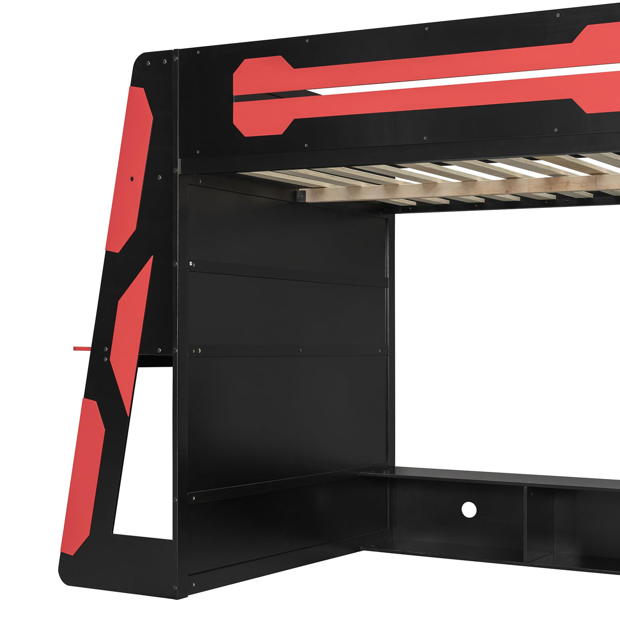 MaiDeHaoo Full Size Wood Gaming Loft Bed with Desk and Multi-Storage Shelves High Loft Bed Frame with LED Lights and Bookshelf for Teens Adults - Red+Black MaiDeHaoo
