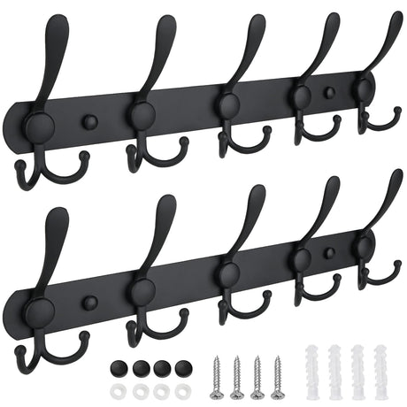 TICONN Wall Mounted Coat Rack, Five Heavy Duty Tri Hooks All Metal Construction for Jacket Coat Hat in Mudroom Entryway (Matte Black, 2-Pack) TICONN